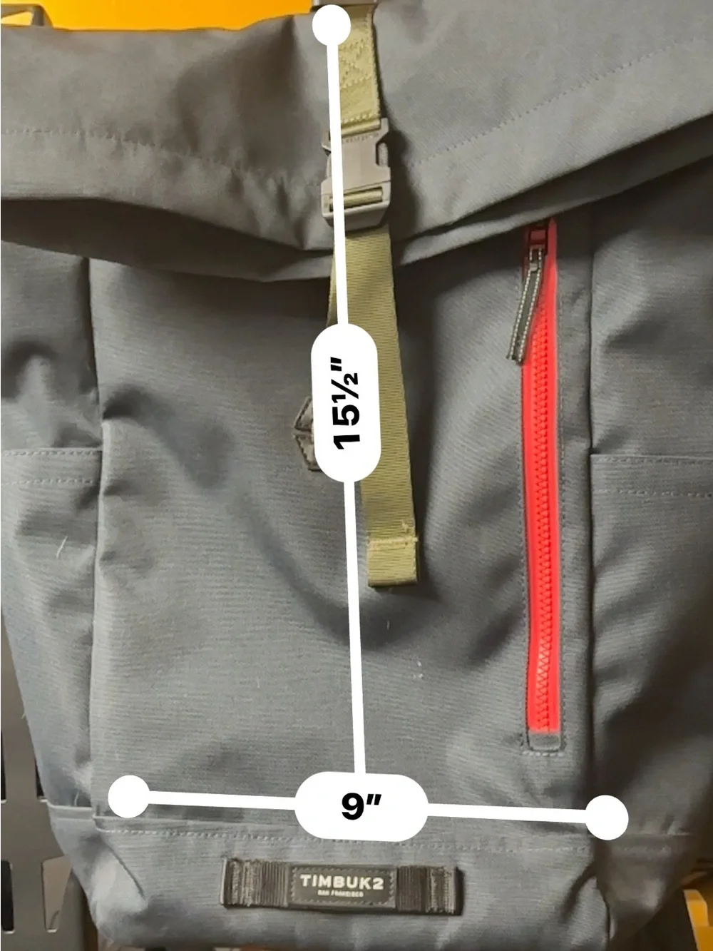 Timbuk2 Navy Roll-Top Backpack with Olive Strap and Red Zipper